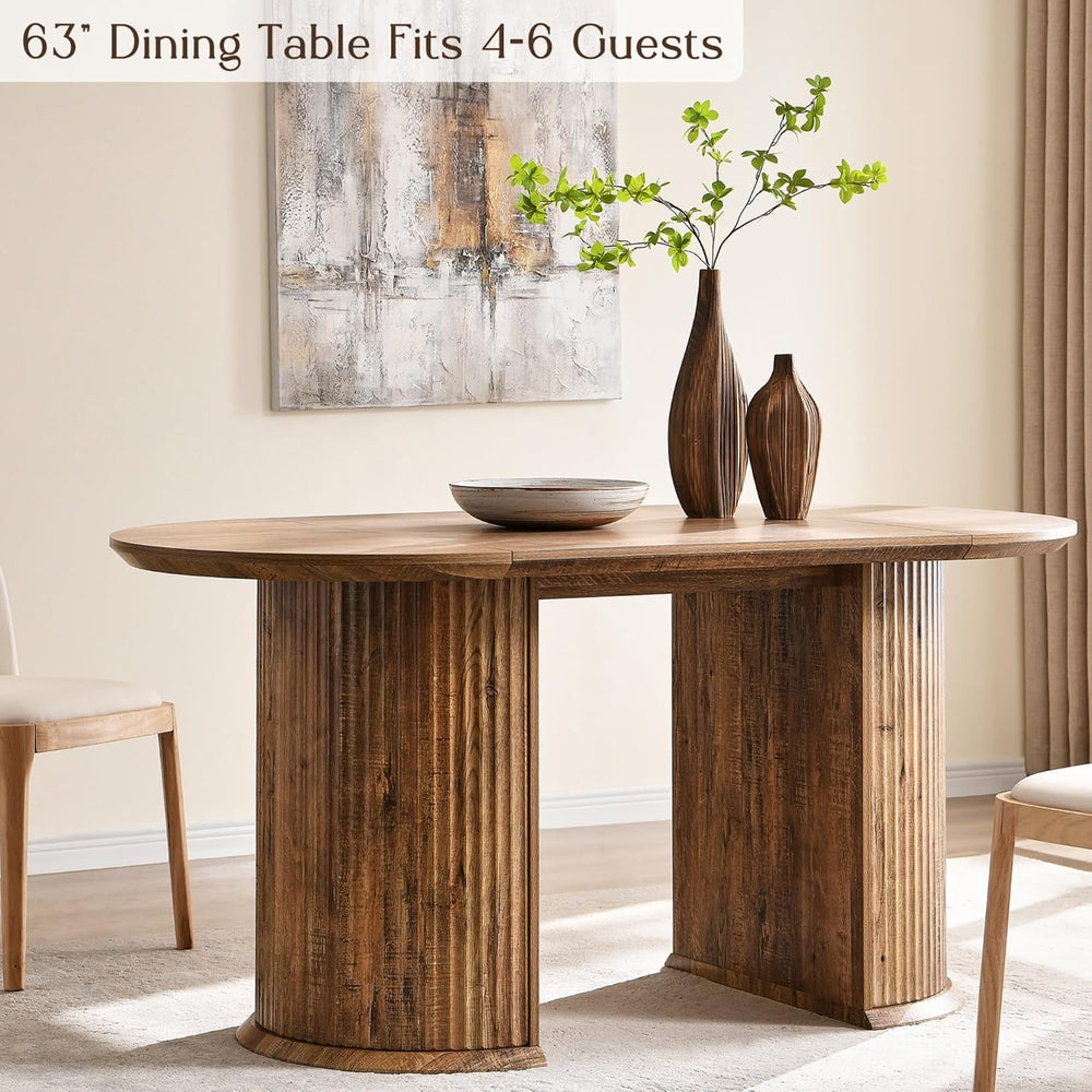 T4TREAM Fluted 63" Oval Dining Table for Kitchen Living Room, Rustic Brown