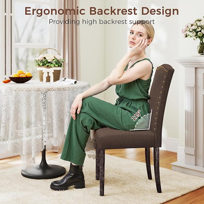 LSSPAID Dining Chairs Set of 4, Modern Comfy Linen Upholstered Parsons Dining Room Chairs with Bronze Nail Head Trim and Brushed Solid Wood Legs, Coffee