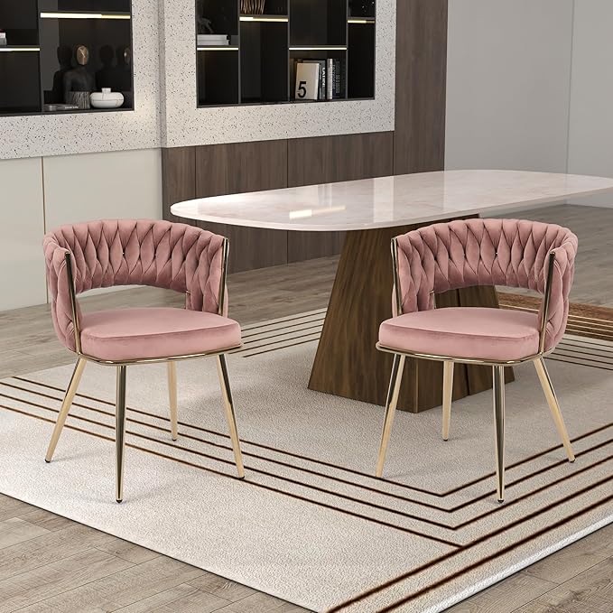 KCC Modern Velvet Dining Chairs Set of 6, Upholstered Living Room Chair with Woven Back and Golden Metal Legs, Mid-Century Accent Side Chair for Dining Room, Kitchen, Rose