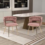 KCC Modern Velvet Dining Chairs Set of 2, Upholstered Living Room Chair with Woven Back and Golden Metal Legs, Mid-Century Accent Side Chair for Dining Room, Kitchen, Rose