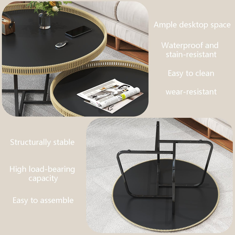Round Woven Nesting Table, Wicker Coffee Table and Side Table Set of 2 | Meta...
