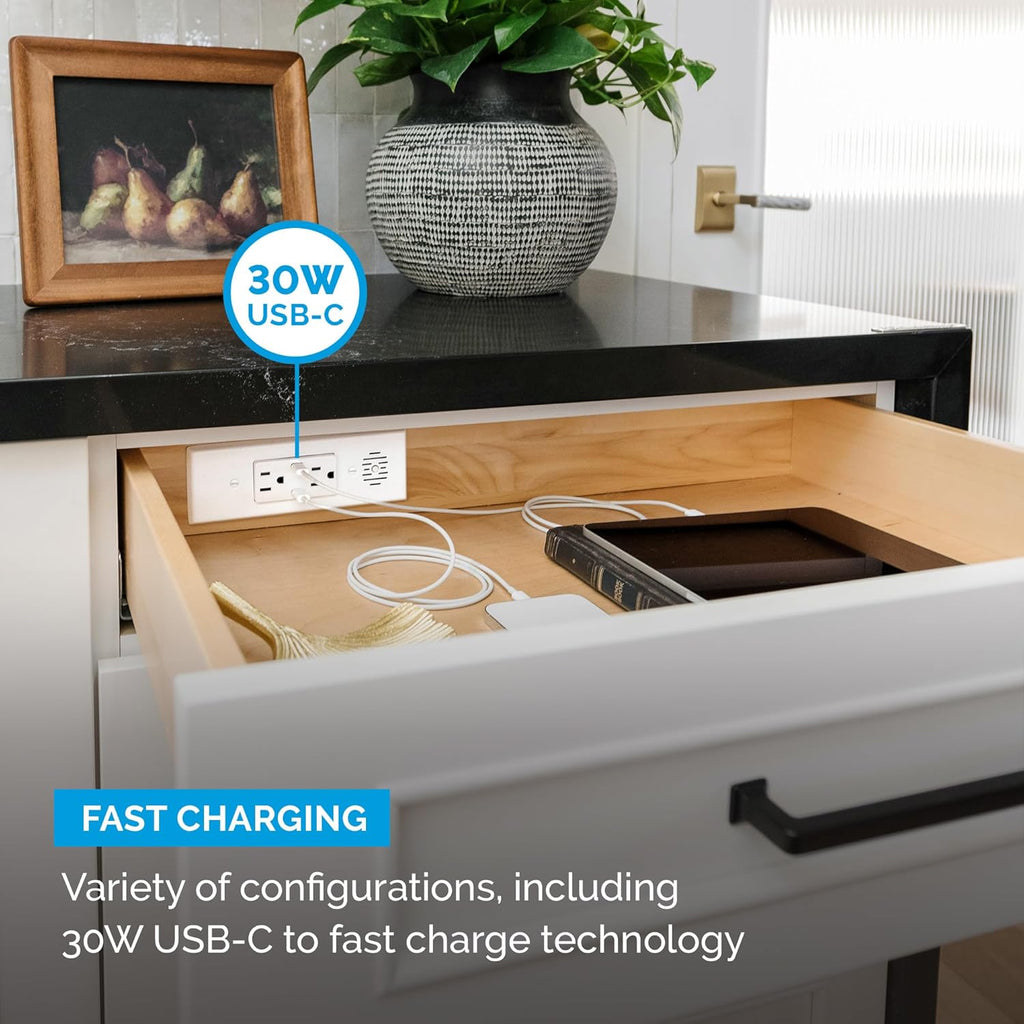 Docking Drawer Blade in-Drawer Outlet, Integrated Safety Shutoff, (2) 30W USB-C & (2) 15 amp AC, Black