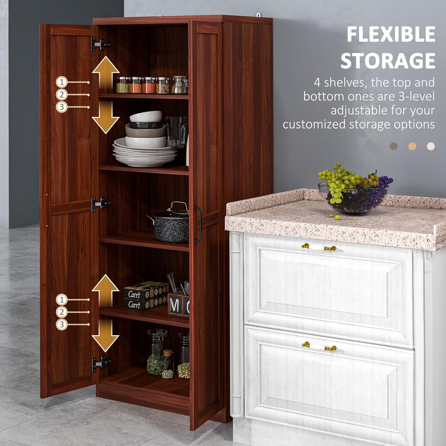 63" Kitchen Pantry, Freestanding Storage Cabinet with 5-Tier Shelving and 2 Adjustable Shelves, 2-Door, Tan, Easy to Maintain, for Dining Room