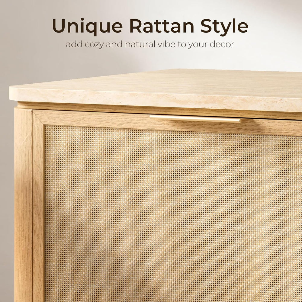 NightStand Set of 2, 23.11" W Rattan Nightstand with 2 Drawers, Faux Mar...