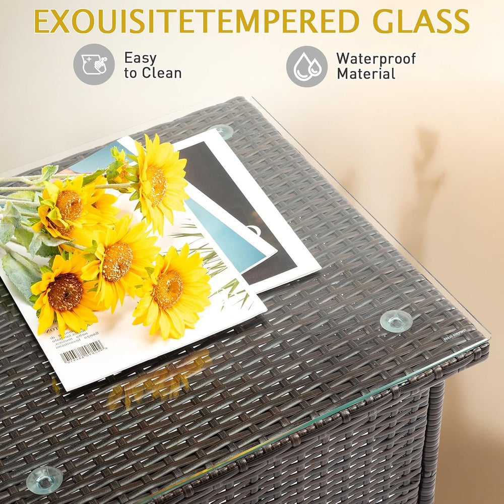 VINGLI Outdoor Wicker Side Table Patio Side Tables for Outside, Tempered Glas...