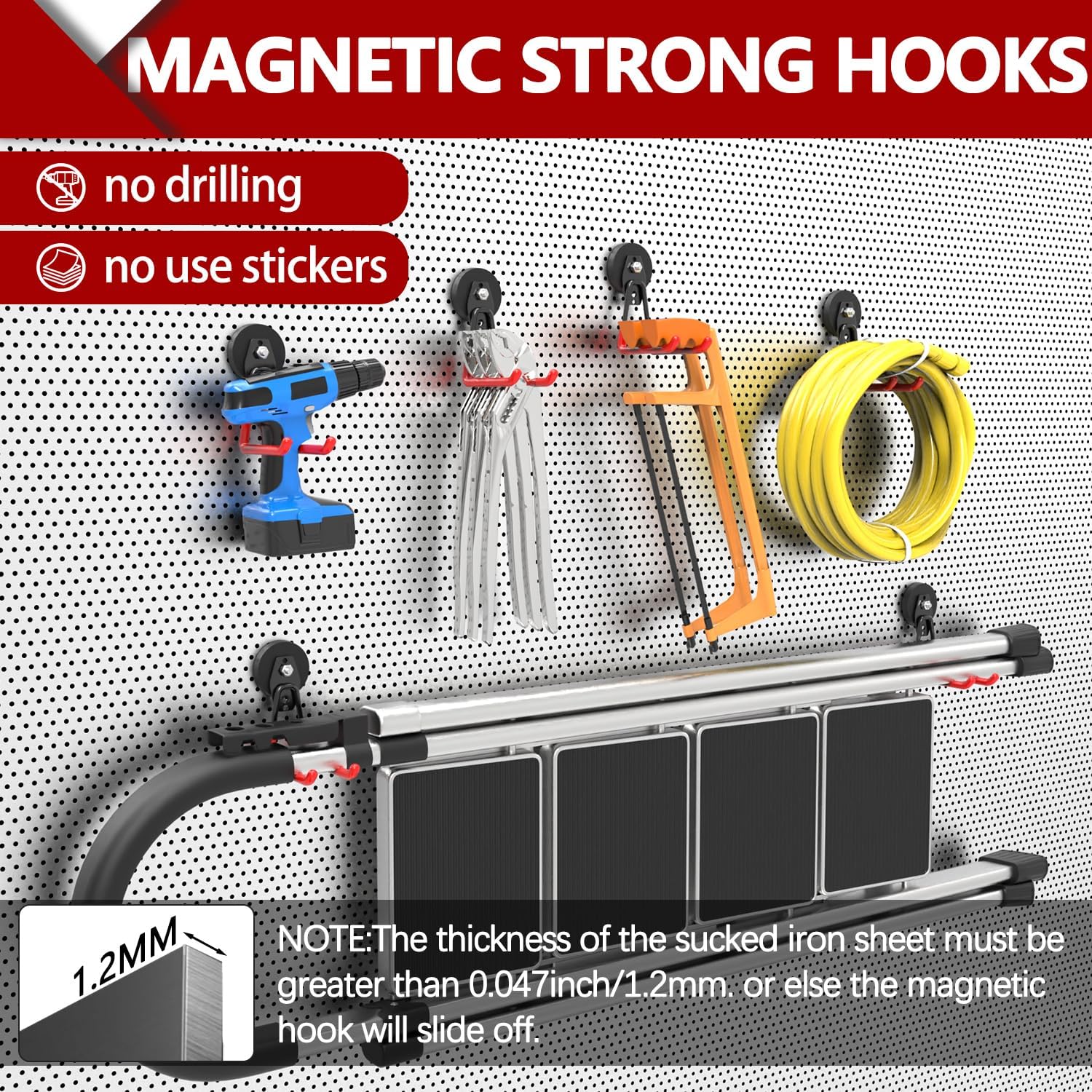 3-H Heavy Duty Magnet Garage Hooks 4 Pack, Extra Large Strong Magnetic Hooks for Hanging Cordless Power Drill, Utility Magnetic Tool Holder for Metal Cabinet, Steel Pegboard, Toolbox, Garage(Red)