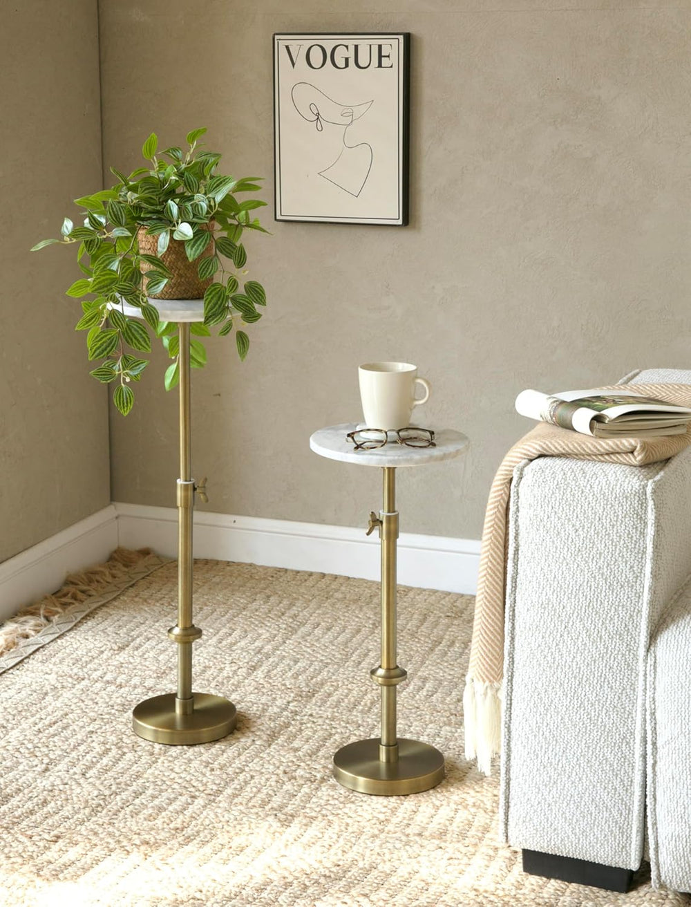 Adjustable 10" White Marble Drink Table with 2 Coasters, Antique Brass⁠ ...
