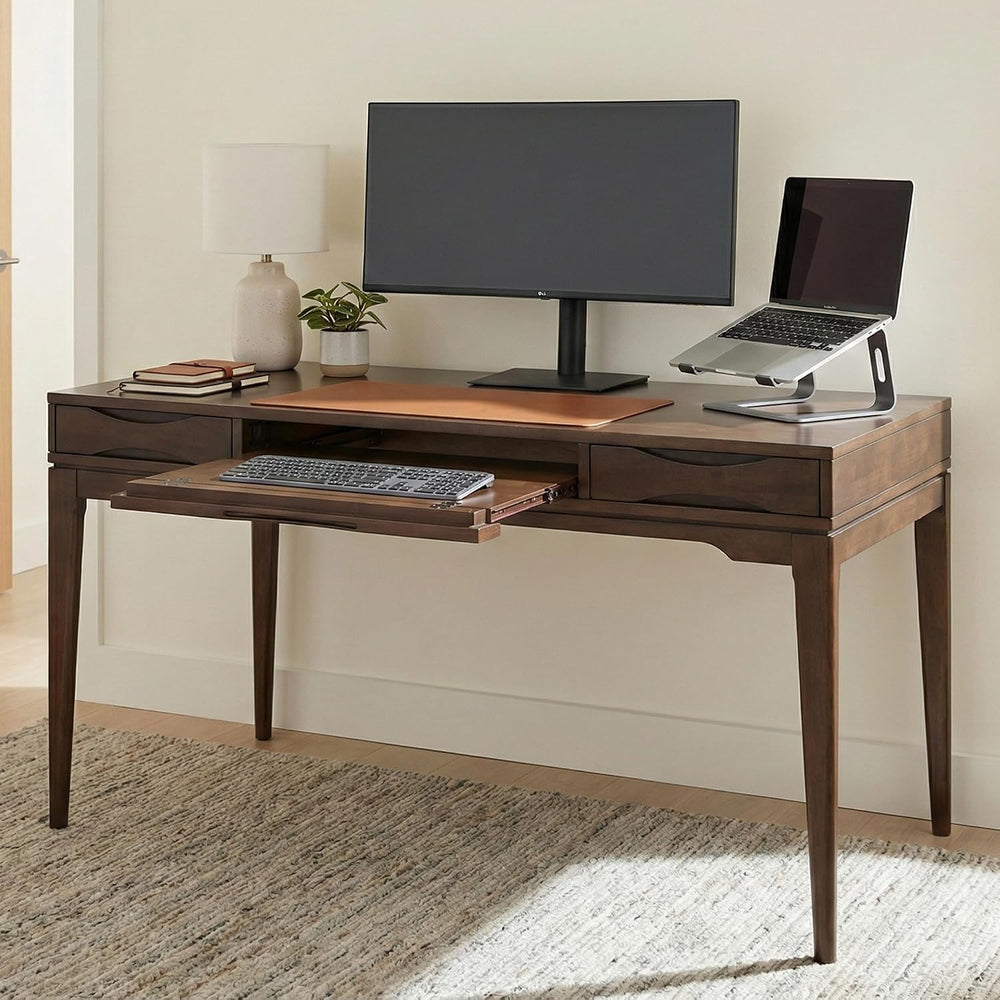 SIMPLIHOME Harper 60" Wide Solid Wood Writing Desk in Walnut Brown