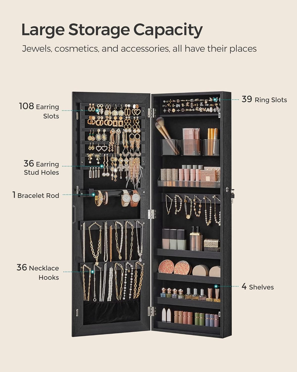 SONGMICS Mirror Jewelry Cabinet Armoire, Wall or Door Mounted Jewelry Storage, Hanging Lockable Frameless with 2 Plastic Cosmetic Organizers, Christmas Gift Idea, Black UJJC001B01