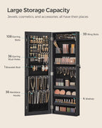 SONGMICS Mirror Jewelry Cabinet Armoire, Wall or Door Mounted Jewelry Storage, Hanging Lockable Frameless with 2 Plastic Cosmetic Organizers, Christmas Gift Idea, Black UJJC001B01