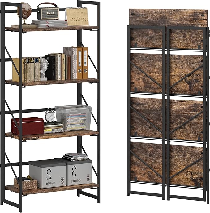 JSB No Assembly Folding Bookshelf, 4 Tier Industrial Metal Book Shelf for Sto...