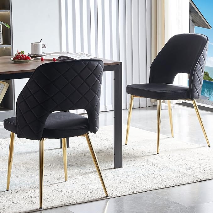NORDICANA Modern Dining Chair Set of 2, Black Velvet Fabric Upholstered Accent Chairs with Golden Metal Legs, Round Back Side Chairs for Kitchen Living Room Bedroom