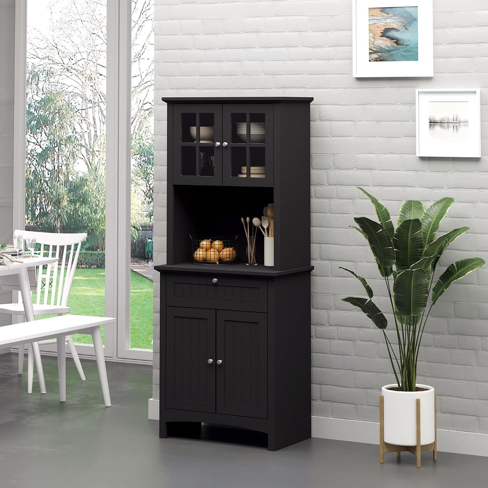 Kitchen Pantry Storage Cabinet with Framed Glass Door Drawer and Microwave Sp...