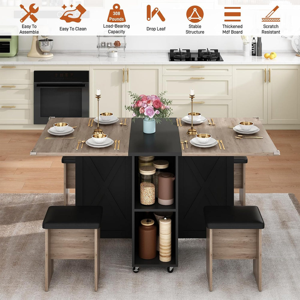 5 PCS Farmhouse Dining Table Set for 4,60" Large Folding Dining Table Se...