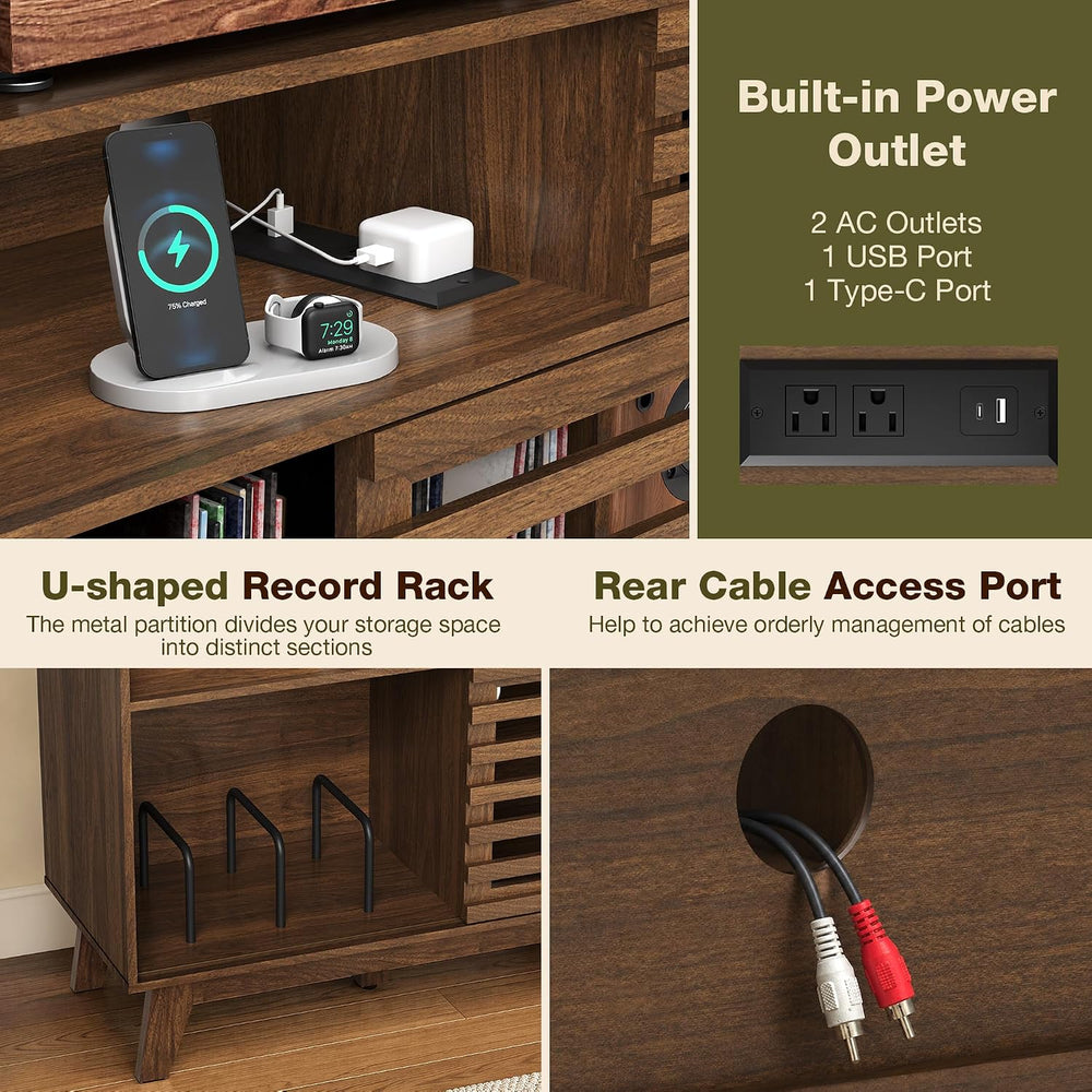 Large Record Player Stand with Charging Station, Mid Century Modern Record Pl...