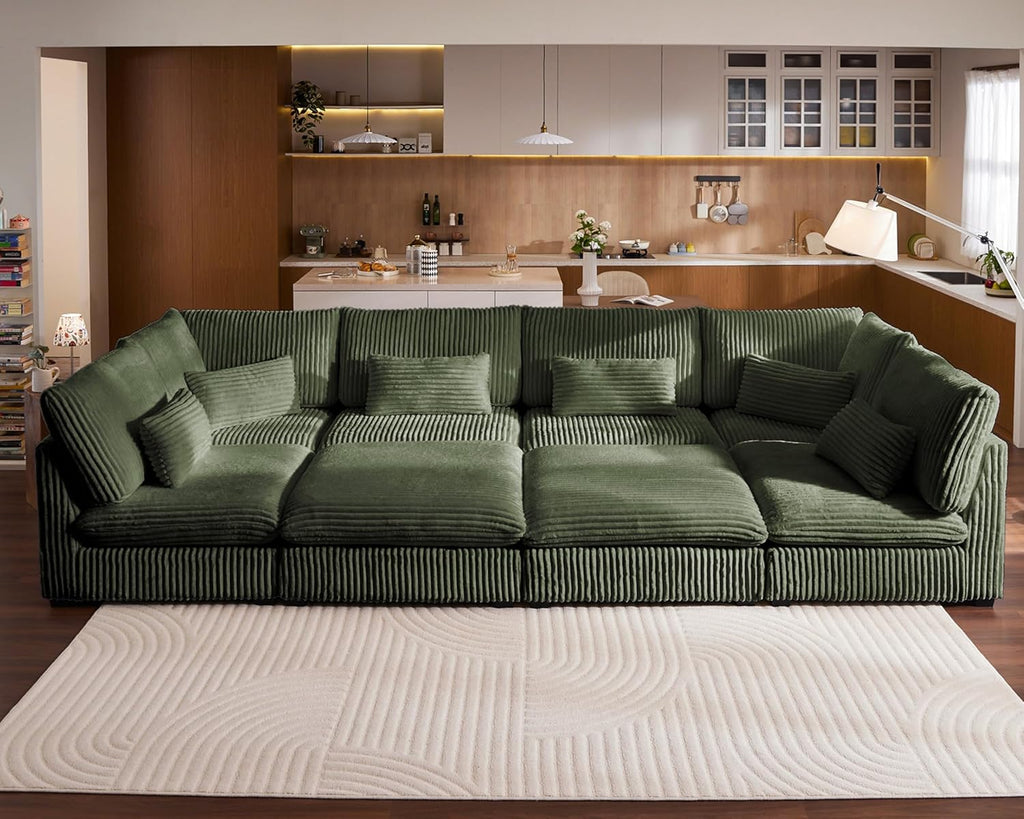 154" Oversize Corduroy Modular Sectional Sofa Couches for Living Room,Green | Washable Couch with Fully Removable Cover, Cloud Couch Sectional, 6 Seater with 2 Ottoman