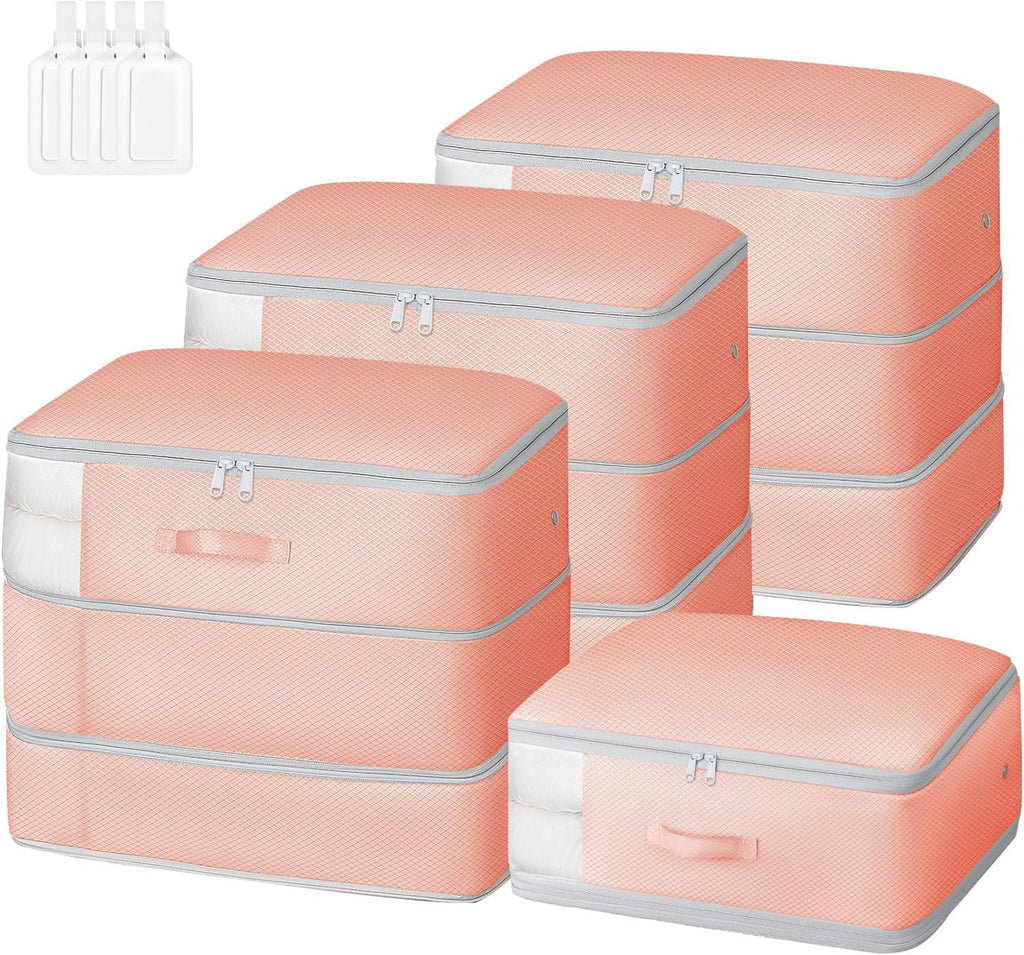 Comforter Storage Bag - Large Capacity Blanket Storage Bags 3-Layer Ultra Space Saving Self Compression Organizer, Washable Compression Bags for Storage Comforter Blanket, 4-Pack, Pink