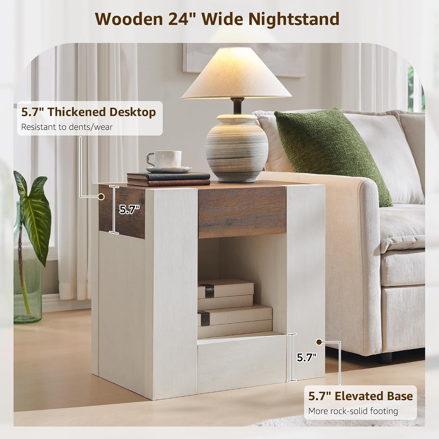 OKD 24" Wide Modern Nightstand, Wood Night Stand with Charging Station & Hidden Drawer, Side Table Bedroom with Storage Shelf, End Table, Antique White