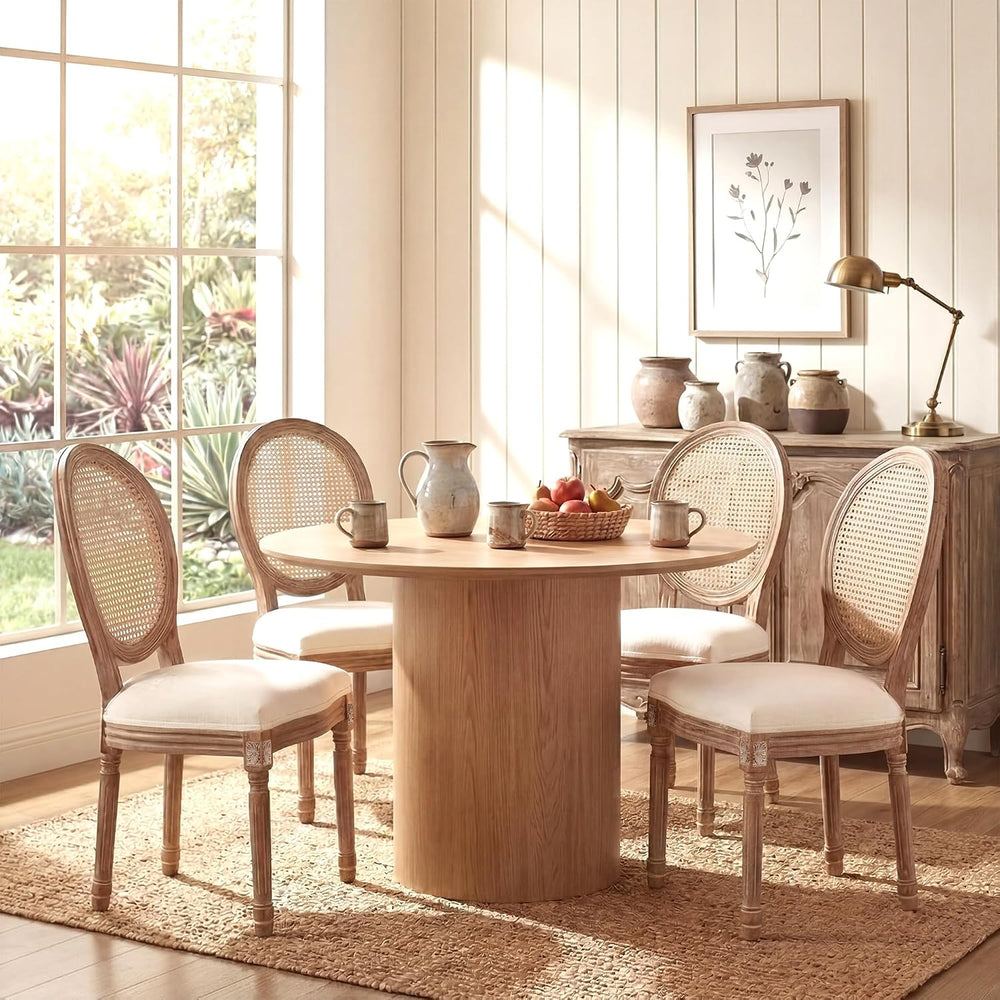 Polar Aurora Dining Chairs Set of 4 Beige Rattan Round Back with Solid Wood L...