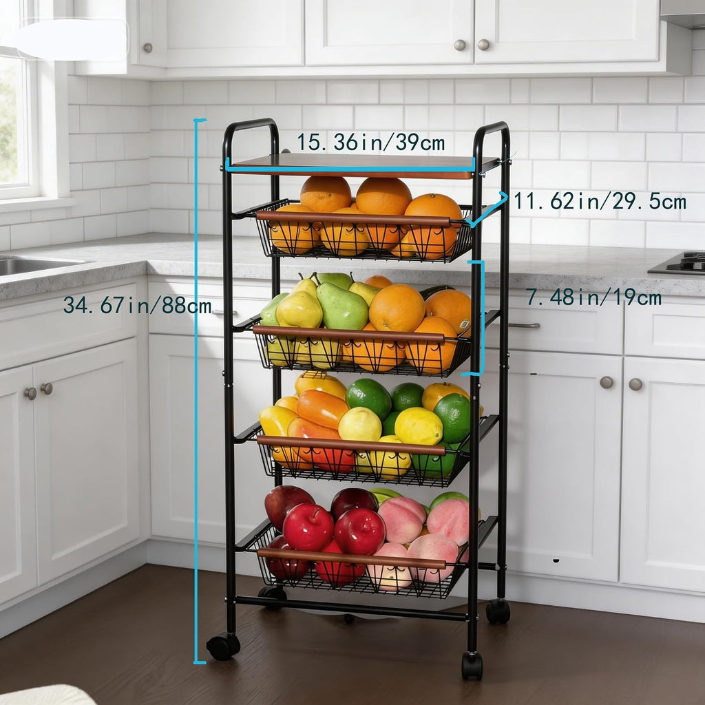 SWEETBLOOM Fruit Vegetable Storage Cart for Kitchen, 5-Tier Vegetable Stand Rack with Pull-Out Fruit Baskets, Rolling Snack Cart with Wood Top for Pantry, Living Room, Bathroom