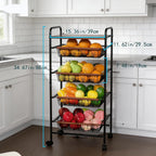 SWEETBLOOM Fruit Vegetable Storage Cart for Kitchen, 5-Tier Vegetable Stand Rack with Pull-Out Fruit Baskets, Rolling Snack Cart with Wood Top for Pantry, Living Room, Bathroom