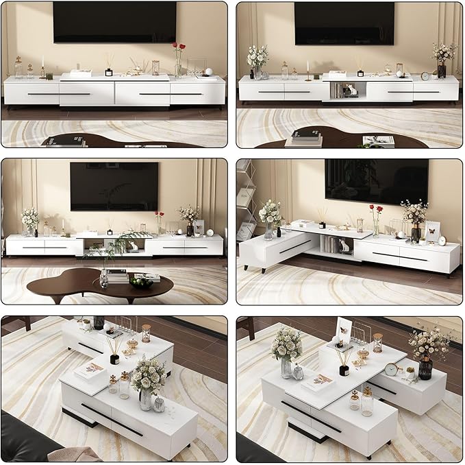 FAMAPY Modern TV Console Extendable Media Console, Adjustable Length, Contemporary Entertainment Center with Drawers and Legs, for Living Room White and Black (95”-133.9”W x 15.2”D x 13.1”H)