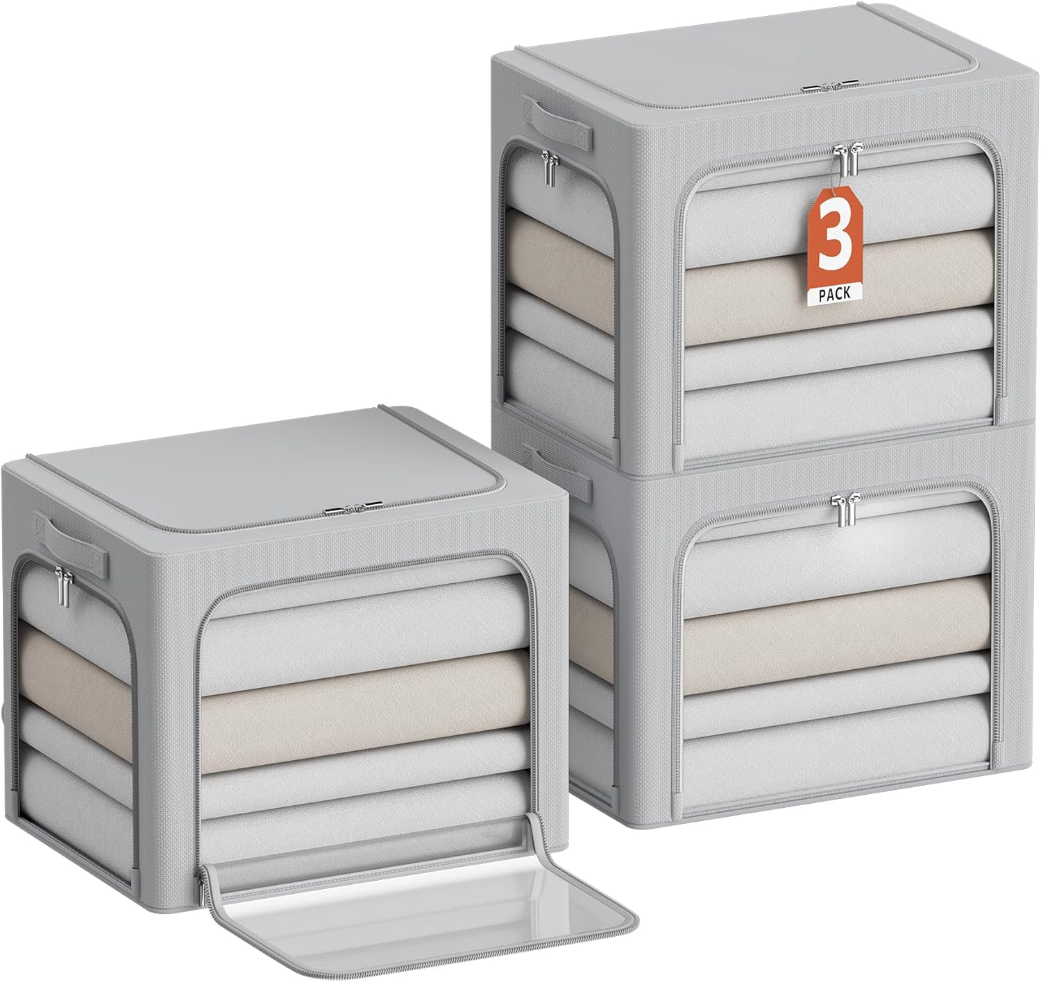 CYhom 3Pack Clothes Storage Bins - Oxford Frame Storage Box Foldable Stackable Storage Organizer with 3 Openings Design, Metal Frame, Clear Window, Carry Handles (36L-15.7 * 11.8 * 11.8in, Grey)