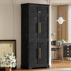 Virubi 78" Farmhouse Tall Kitchen Pantry Cabinet, Wood Storage Cabinets with Hidden Drawer and 4 Adjustable Shelves, Cupboard with Wine Rack and Door Shelves for Kitchen Dining Room, Black