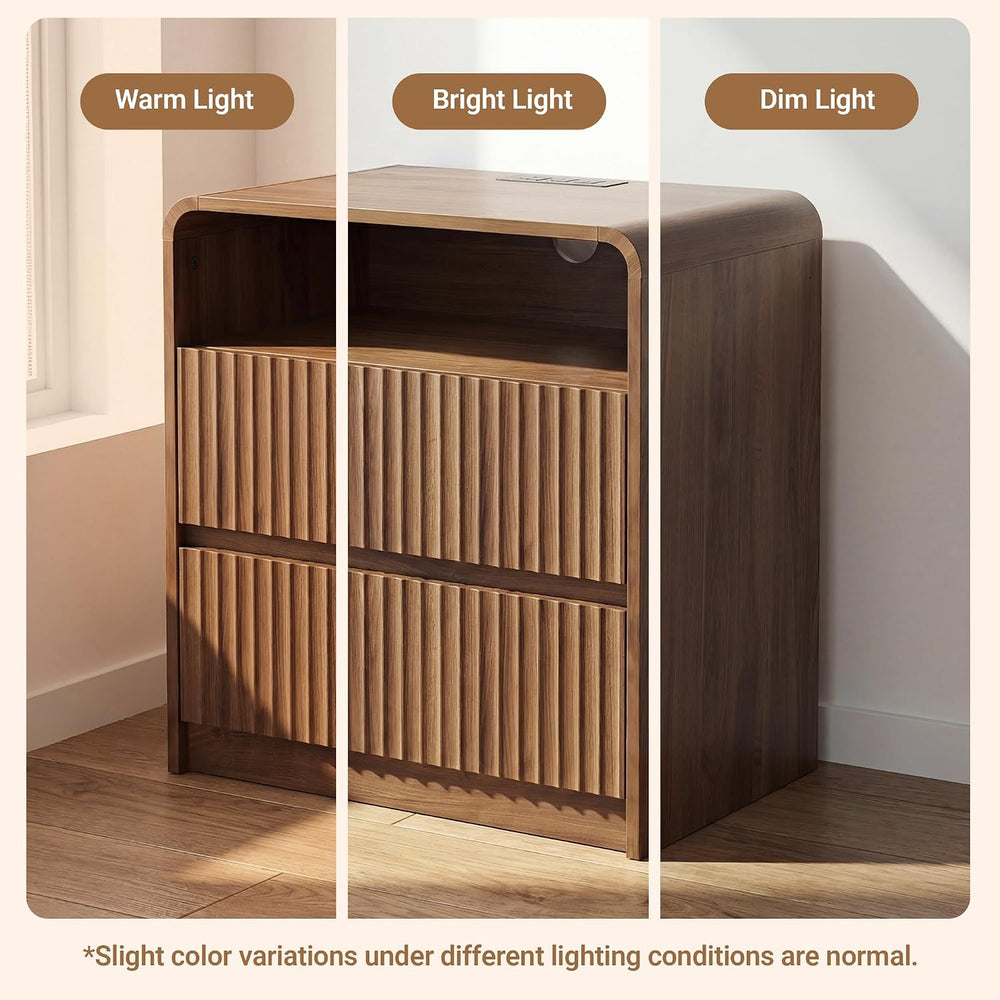 Seang Nightstand Set of 2,Fluted Nightstand with Charging Station & LED L...