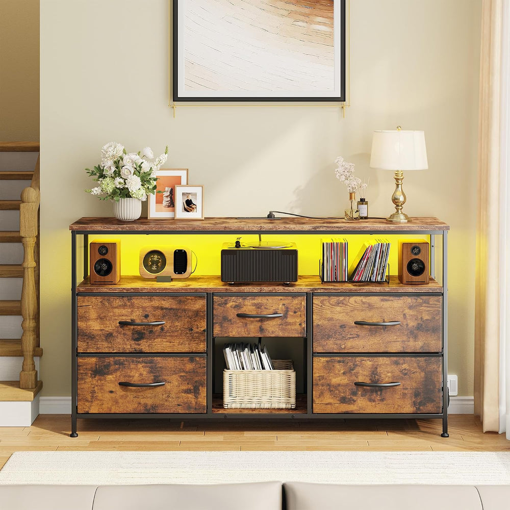 EnHomee TV Stand for Bedroom with LED & Outlets, 5-Drawer Storage, Brown ...