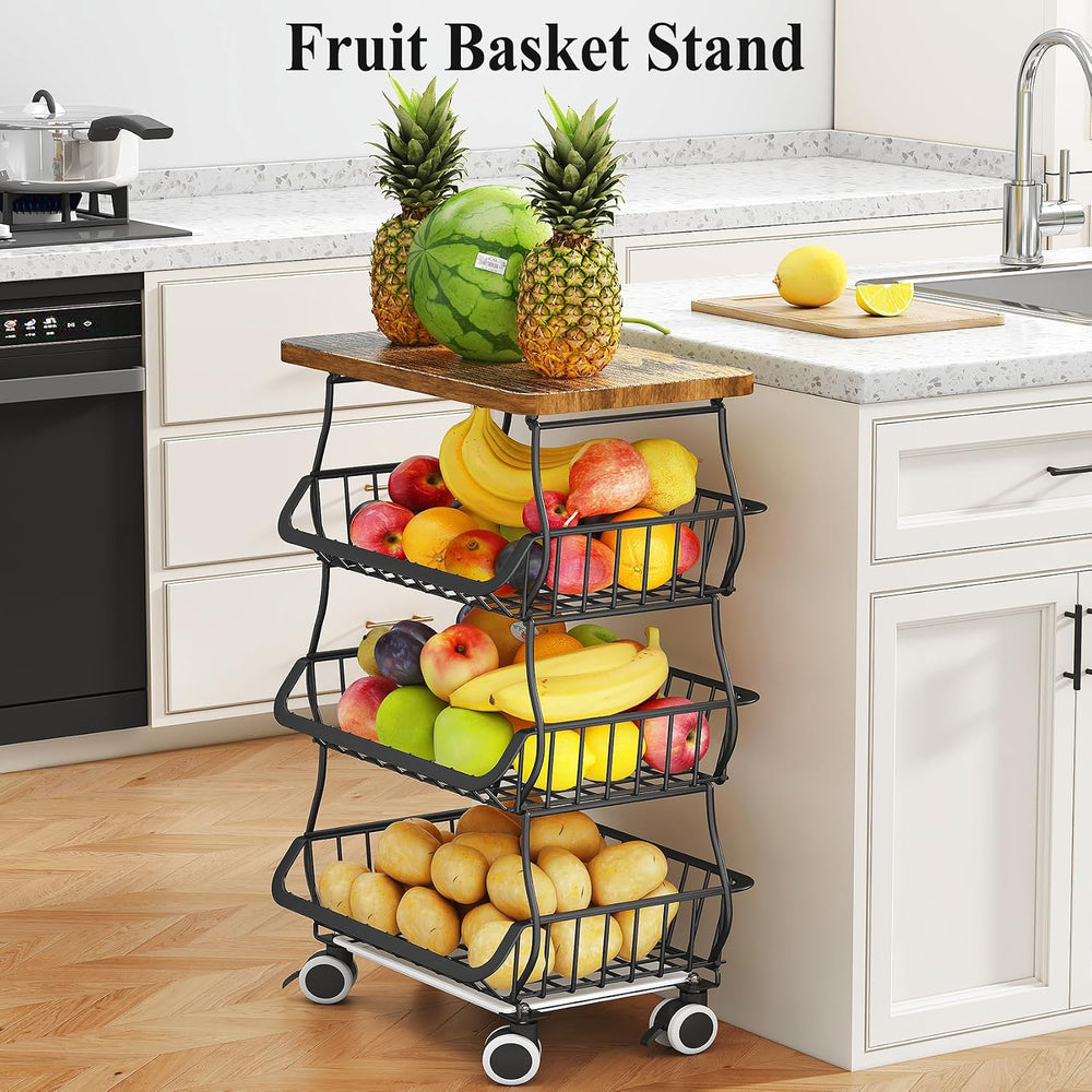SAYZH 4-Tier Fruit and Vegetable Basket Stand for Kitchen, Wood Top, Black | ...