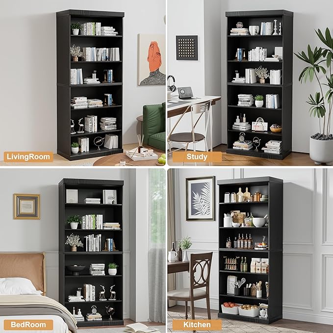 72" Wooden Book Shelf, 5 Shelf Bookcase, Modern Bookshelf with Adjustable Shelf for Home Office, Study Room, Black