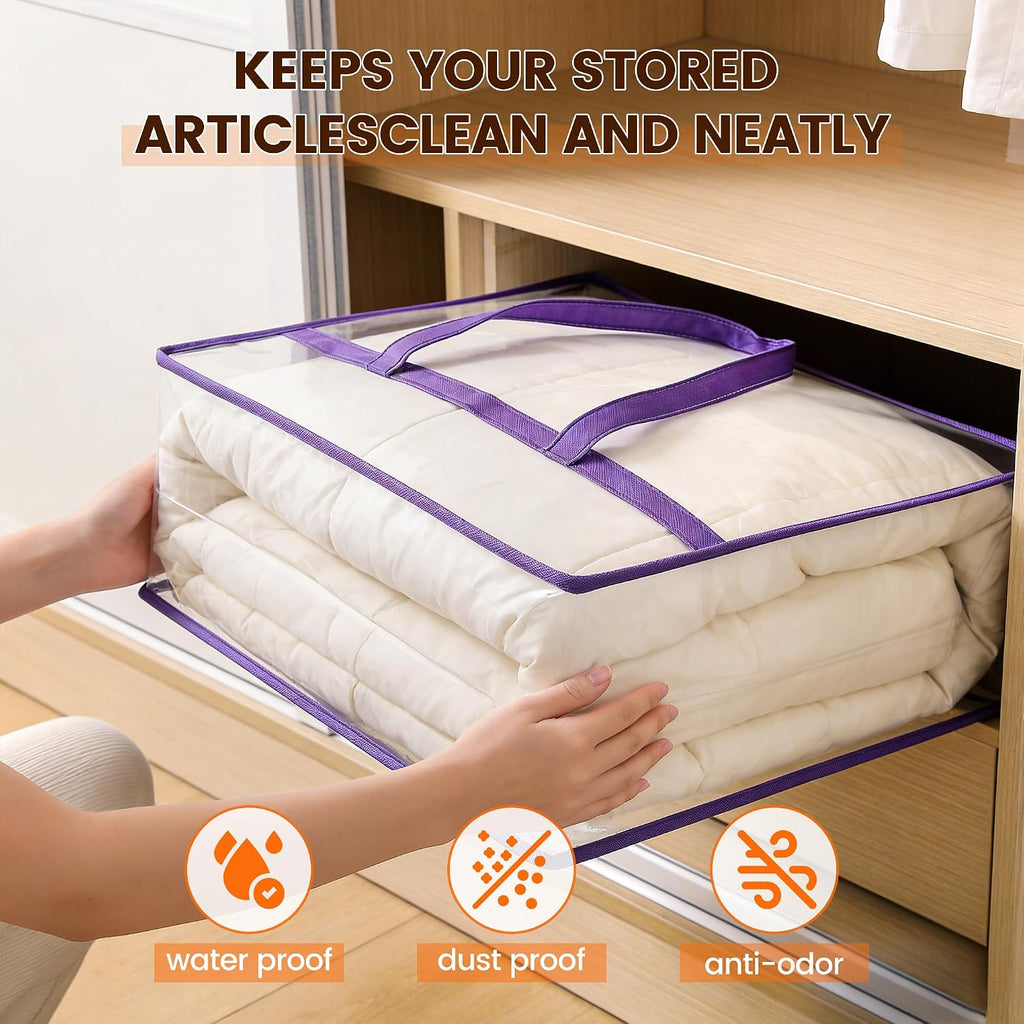 8 Pack Clear Clothes Storage Bags, Double Zipper Design 40L Underbed Moving Bags for Blankets and Clothes, Large Capacity Closet Organizers and Storage for Dormitory, Bedroom, Closet-Purple