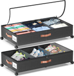 Under Bed Storage with Wheels, 2 Pack Under Bed Storage Containers with Dividers & Clear Lids, Under the bed storage Organizer Bins,Underbed Storage with Wheels for Clothes,Toys,Shoes (Black, 2 Pack)