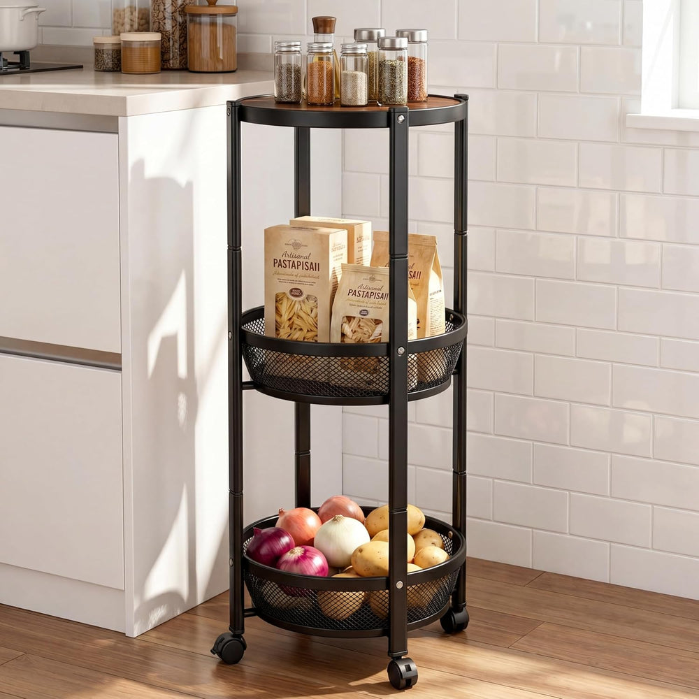 SYO 3-Tier Round Rolling Storage Cart, Foldable Metal Mesh Basket Shelving Un...