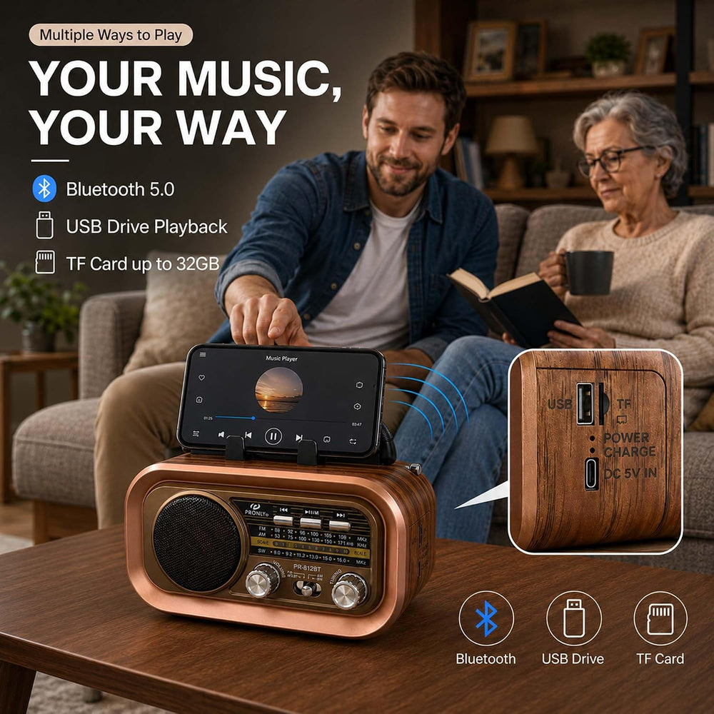 812BT Portable AM FM SW Radio with Bluetooth, TF Card/USB Playback