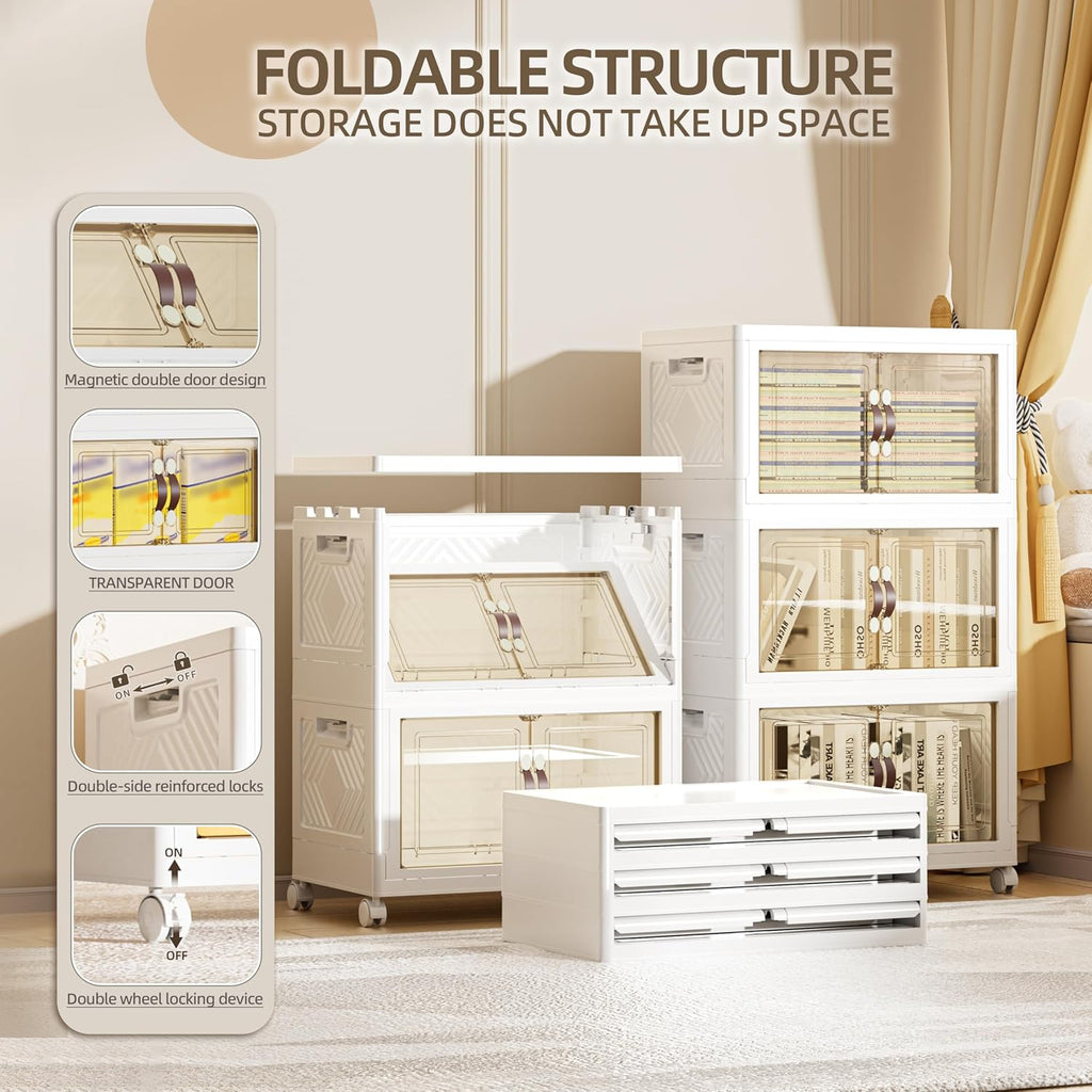 148 QT / 37 Gal Rolling Foldable Storage Cabinet with Stackable Feature - Double Magnetic Doors, Leather Handles, Durable Plastic for Closet/Office, Easy Assembly & Move