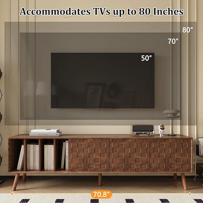 Merax 70" TV Stand for TVs Up to 80", Modern Entertainment Center with 3 Doors and Vertical Open Shelves, Media Console with Unique Mosaic Front Design for Living Room