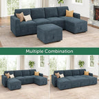 HONBAY Modular Sectional Sleeper Sofa Bed, Corduroy Pull Out Couch with Storage Ottoman, U Shaped Sectional Couches for Living Room, Blue