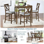 KEIKI 5-Piece Counter Height Dining Table Set with Square Table and 4 Upholstered X-Shaped Backrset Chair, for 4 Person, Modern Style Wooden Table Set, Easy Assembly, for Kitchen, Dining Room, Walnut