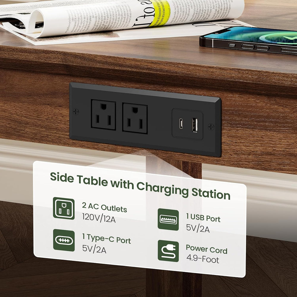 CHOEZON Farmhouse End Table with Charging Station, 2-Tier Large Side Table, S...