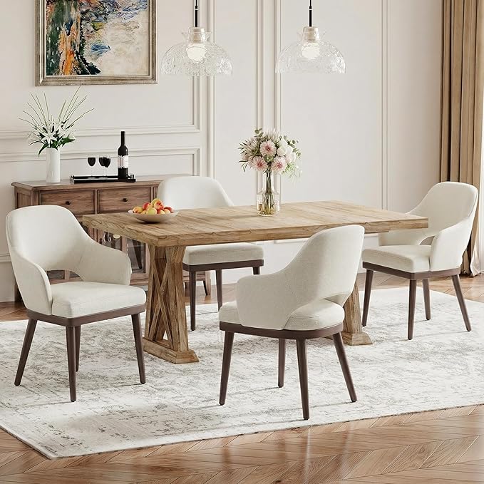 Wooden Dining Chairs Set of 4, Modern Fabric Upholstered Dining Room Chair, Kitchen Side Chairs, Farmhouse Dinner Chair with Open Back for Kitchen, Beige