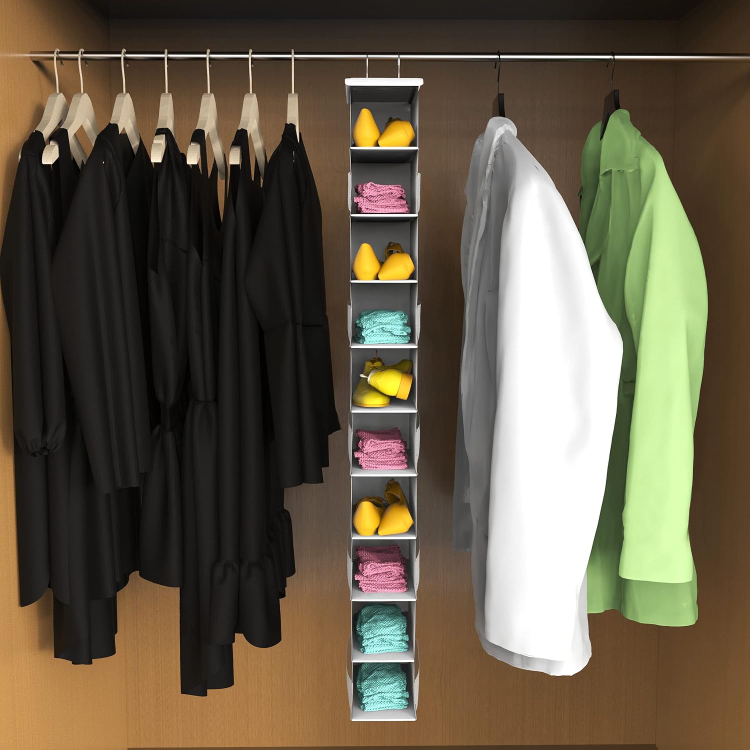 10-Tier Hanging Shoe Organizer with Side Mesh Pockets, White | Hanging Organizer & Storage for Wardrobe,Dorm,Bedroom, Space Saving Shoe Rack Hanger, Foldable Clothes Shelf with Sturdy Hook