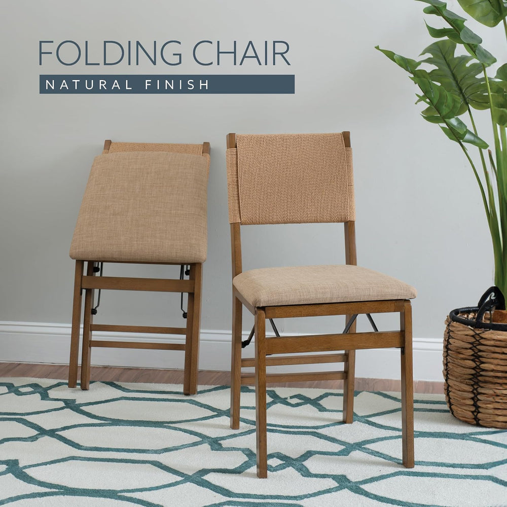 Bennett Natural Folding Chair with Rope Back and Linen Upholstered Seat Set o...