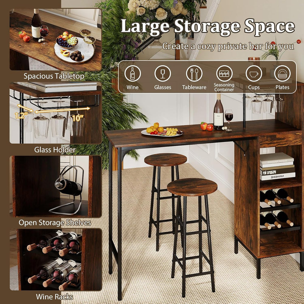 GOFLAME Bar Table Set for 2, Counter Height Dining Table Set with Shelves, Cu...