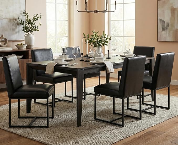 CIMOTA Black Leather Dining Chairs Set of 2, Upholstered Dining Room Chairs Armless Guest Side Chair with Black Base for Dining Room/Kitchen, 2PCS