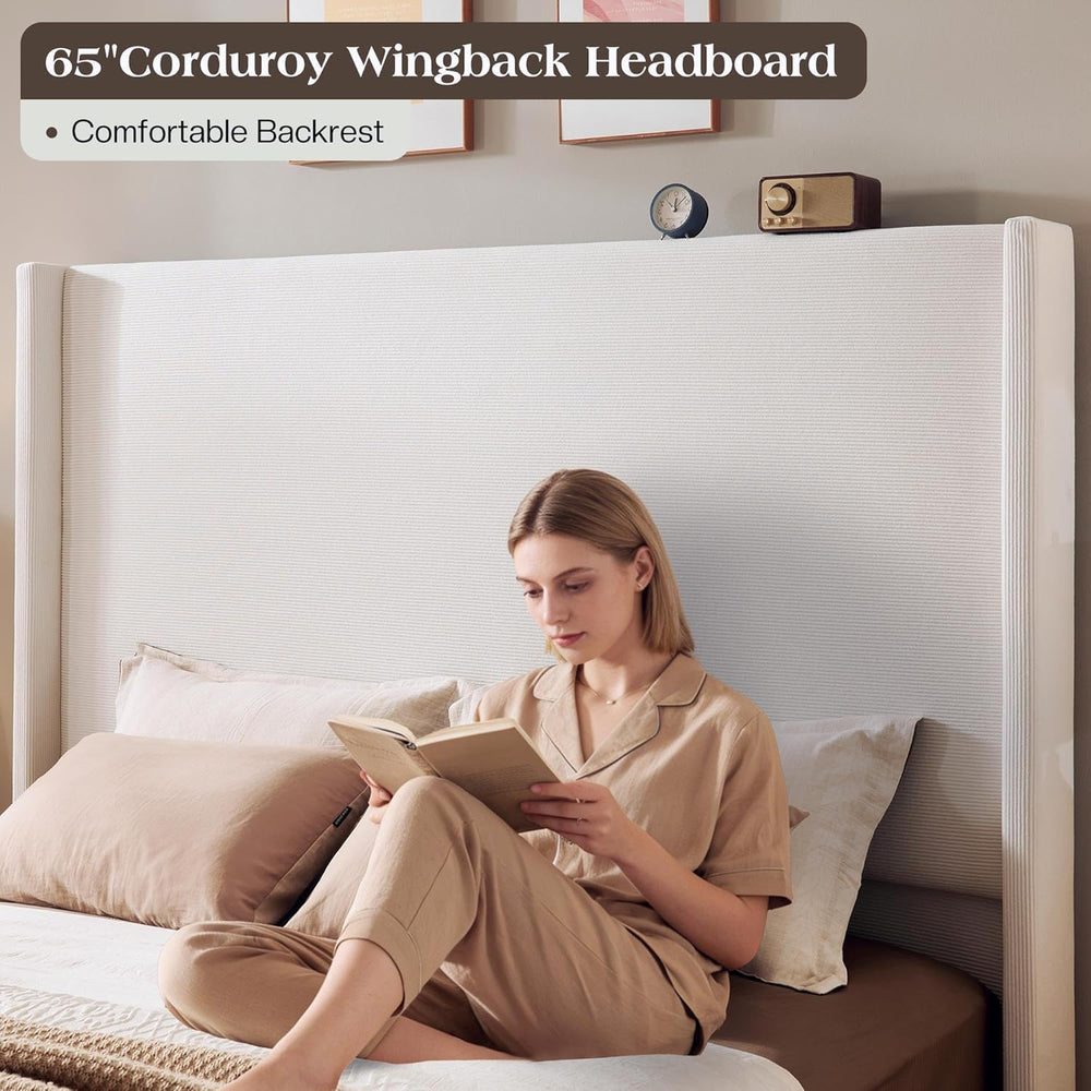 LUXOAK King Upholstered Bed Frame with 65" Headboard & Wingback, Cream