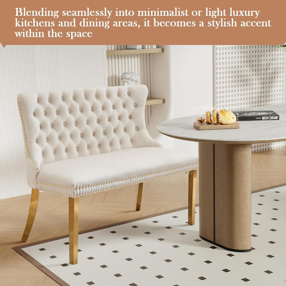 Velvet Double Upholstered Dining Bench with Wing Back, Small Loveseat Sofa Co...