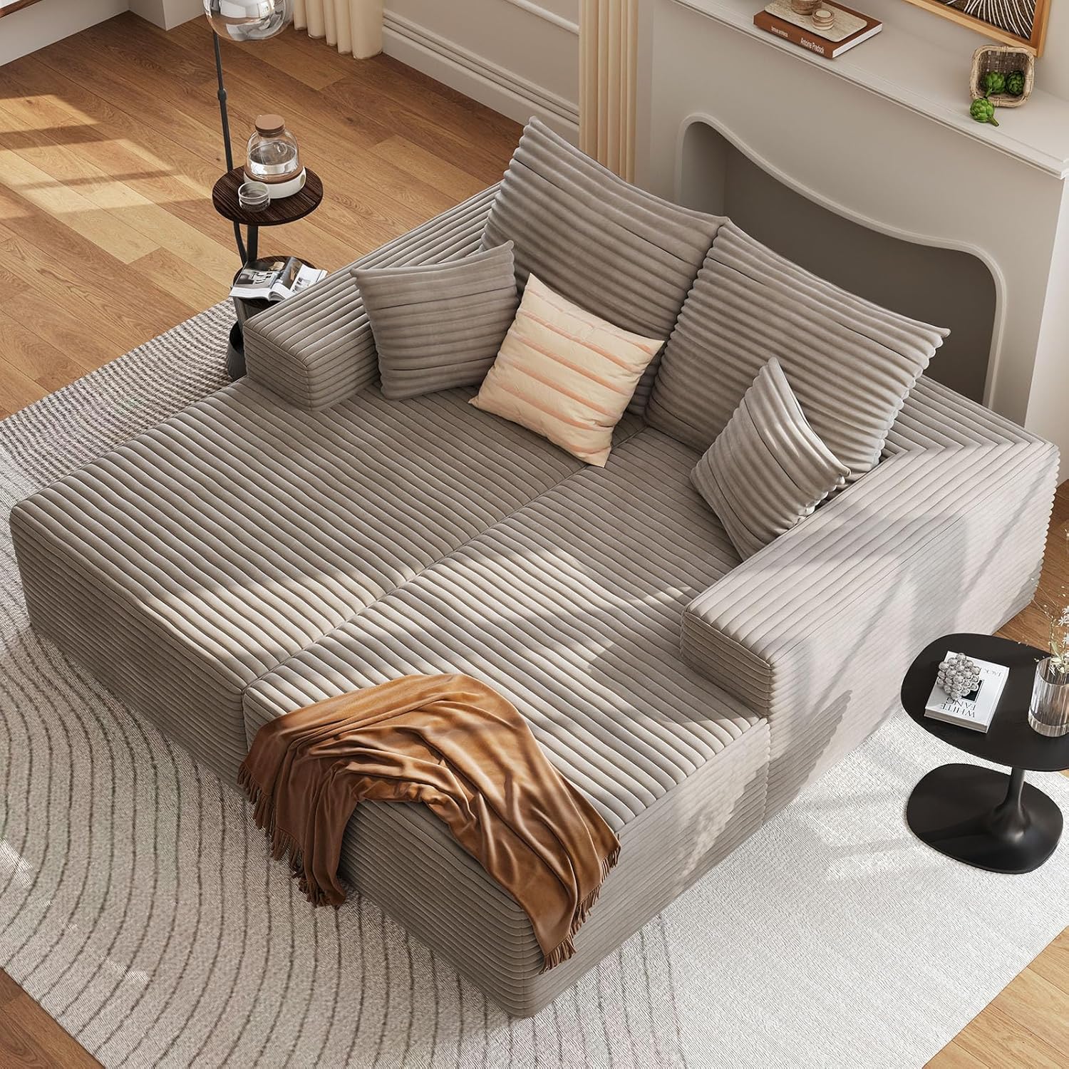 72" Oversized Double Chaise Lounges Indoor, Upholstered Corduroy Oversized Chaise Lounge Chair, Modern Sleeper Loveseat Chair Boneless Cloud Couch for Living Room Bedroom Reading (Camel)