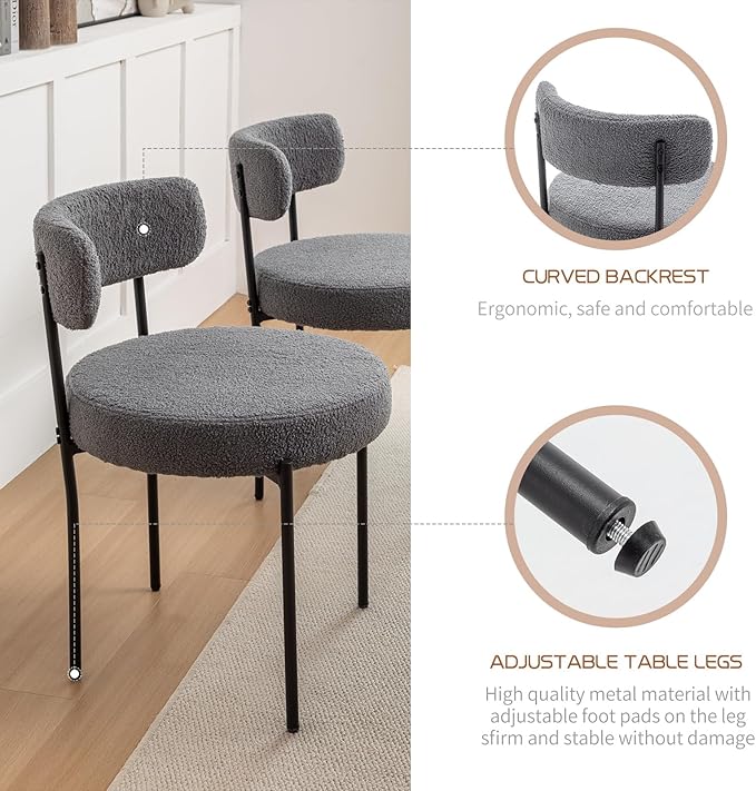Boucle Dining Chairs Set of 2, Mid Century Modern Dining Room Chairs with Metal Legs, Upholstered Kitchen Chairs for Dining Room, Kitchen (Grey)